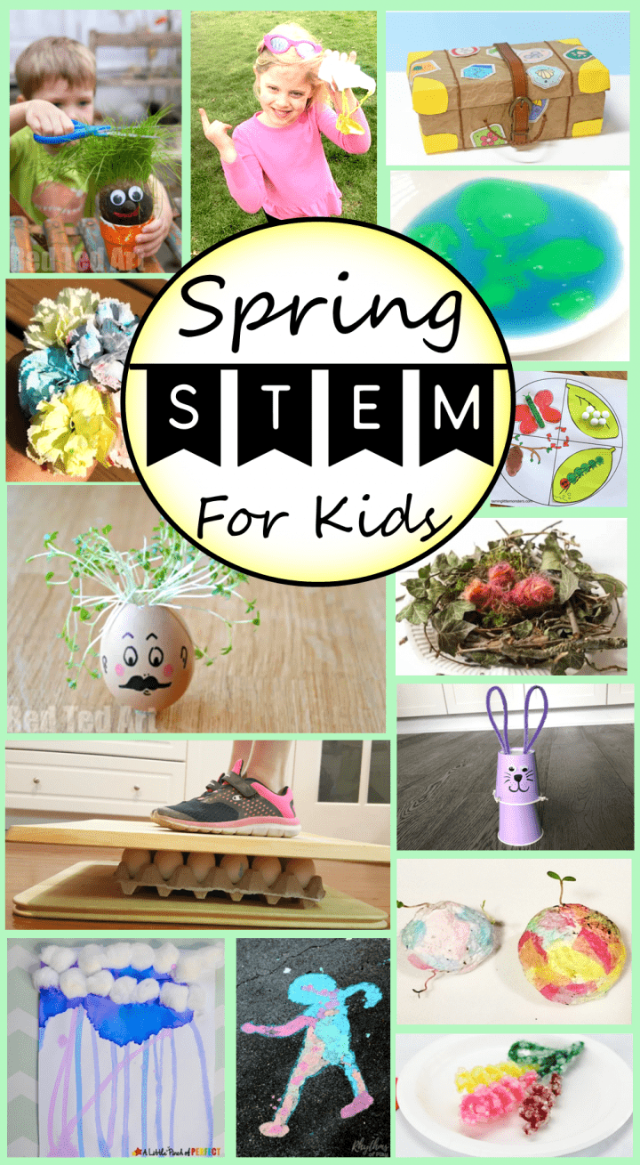spring activities  shows a spring STEM pinterest pin collage of activities.