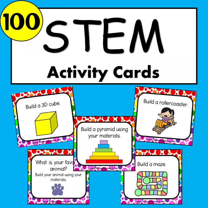 stem for kids shows a picture for 100 printable STEM activity cards.