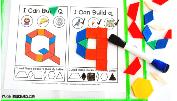 math worksheets shows pattern blocks making letters.
