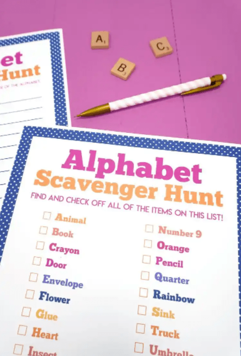 alphabet games shows printable alphabet scavenger hunt sheets.