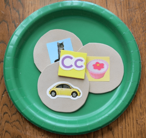 beginning sounds shows a paper plate with pictures and the letter C in the middle