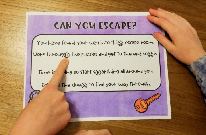 free printable escape room shows children pointing at different parts of the puzzle