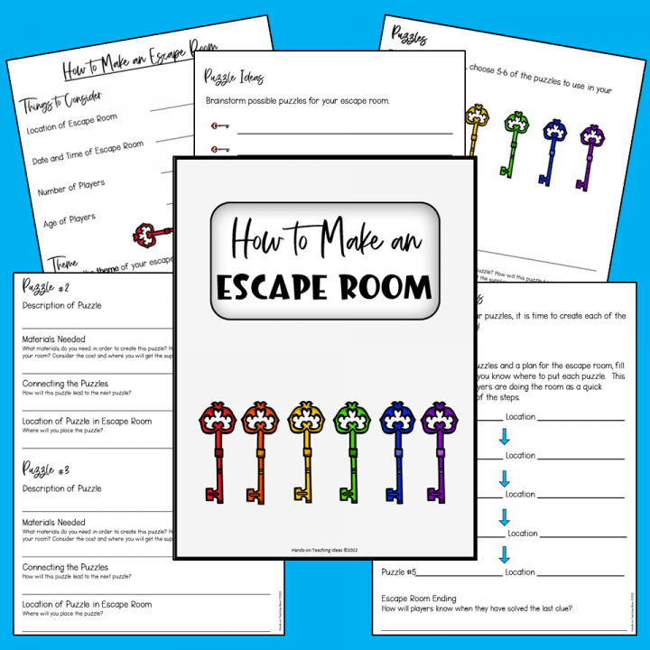 how to make an escape room printable planning template shows six pages of the document