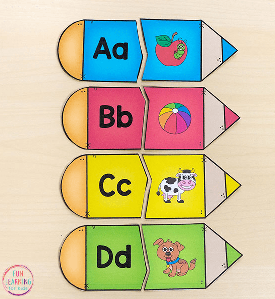 phonemic awareness shows printed crayons with letter on one side and matching picture on the other
