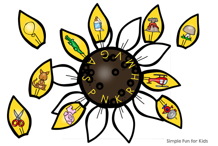 phonological awareness shows a printed sunflower with pictures and letters
