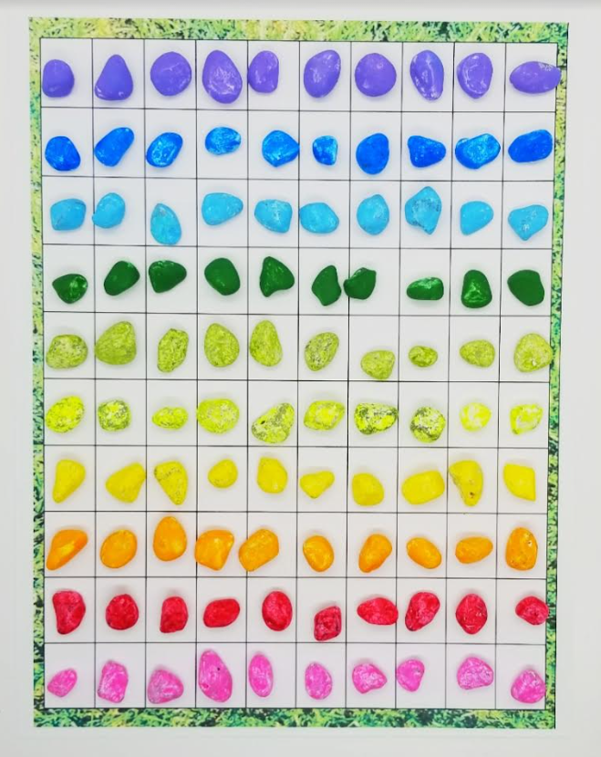 nature art outdoor learning activity math worksheets shows rainbow rows of rocks on a hundreds chart.