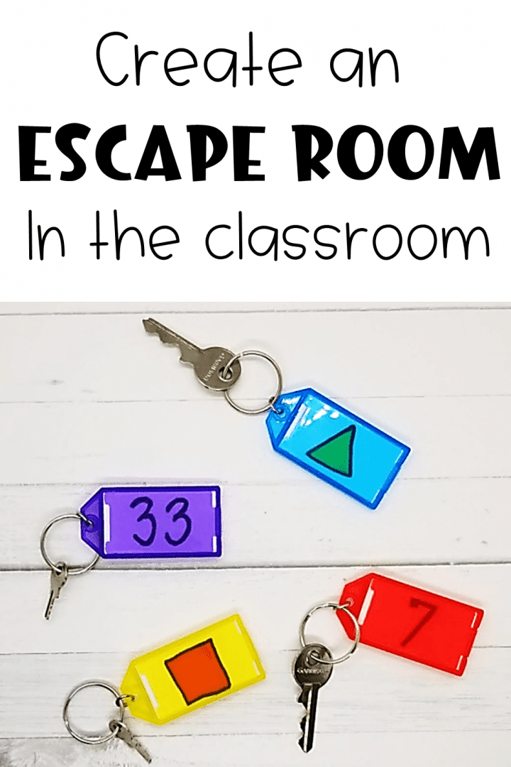 classroom escape room shows four keys on colorful key chains.