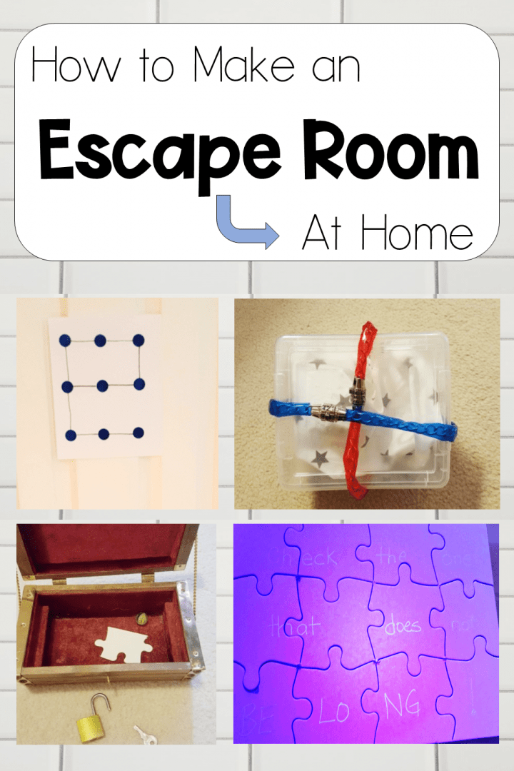 escape room at home shows a pinterest  pin of a collage of escape room puzzles.