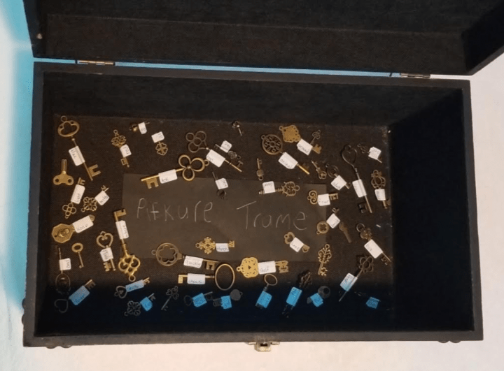 kids escape room shows a box with lots of bronze keys