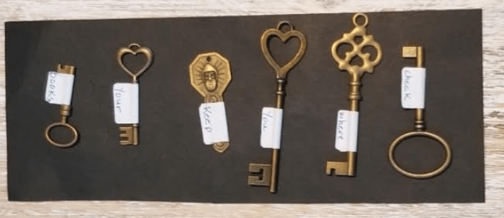 escape room for kids shows the words on the six keys for the clue
