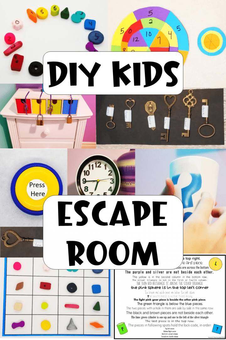 escape rooms for kids shows a pinterest pin with a collage of escape room puzzles.