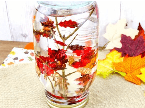 mindfulness activities shows a jar with a tree branch and leaves floating in it