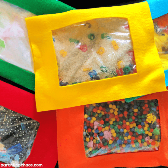 mindfulness activities shows bags with clear tops with small items in them