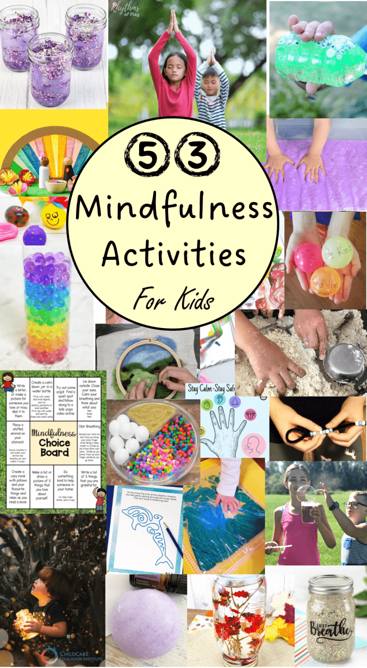 mindfulness activities for kids shows a collage of calming activities.