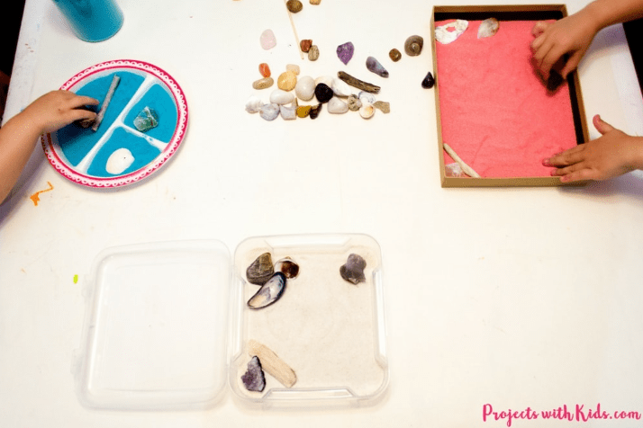 mindfulness activities for kids shows two children playing in a zen garden box