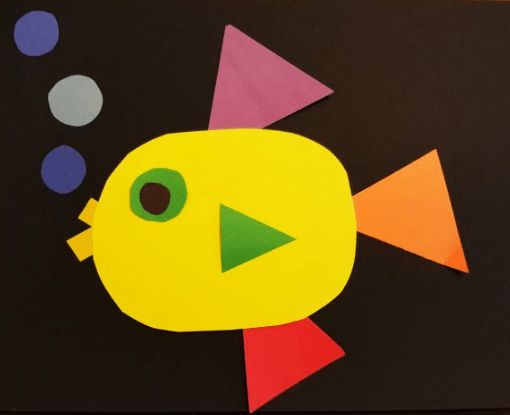 math for kids shows a fish made from 2 d shapes.