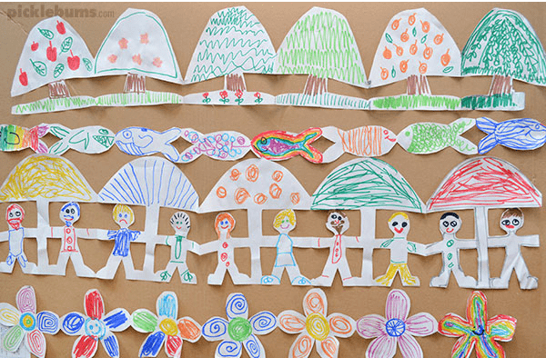 paper crafts and activities shows a connected line of pictures that are colored.