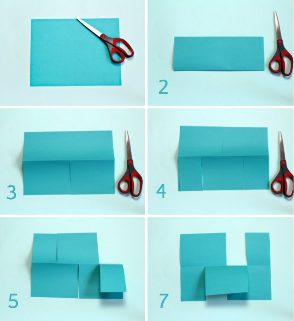paper arts and crafts for kids shows six boxes with a sheet of paper folded and cut in certain spots.