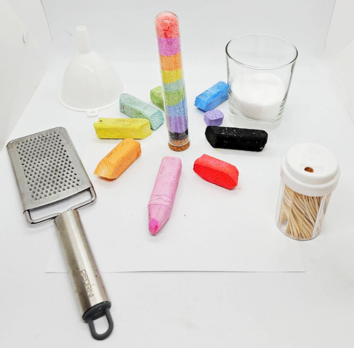 summer crafts for young kids shows a grater, chalk and craft material.