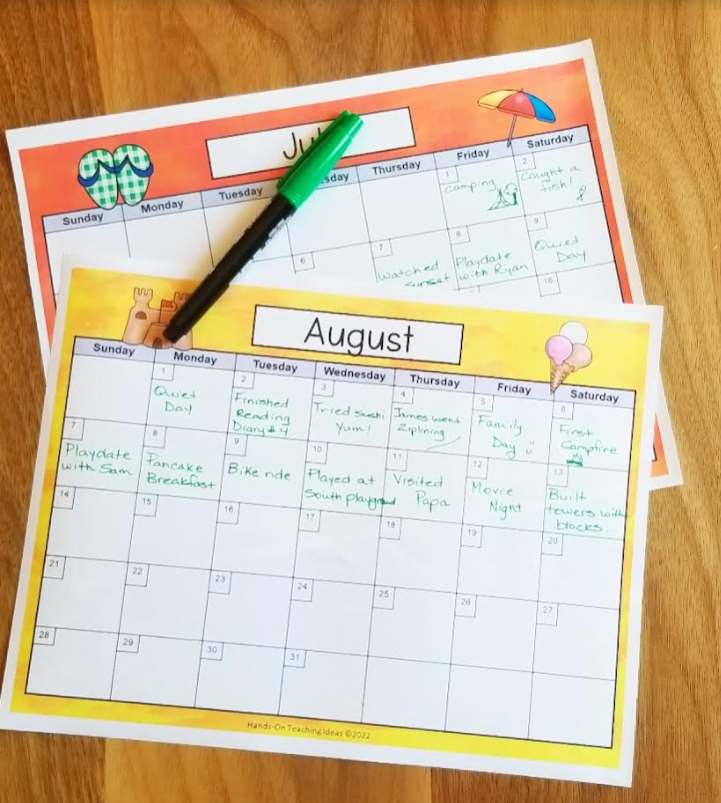 time capsule for kids shows two monthly calendars with words written for each day