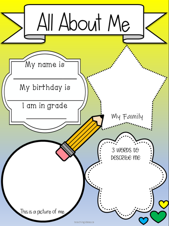 all about me shows a printable page with empty places to fill about about yourself