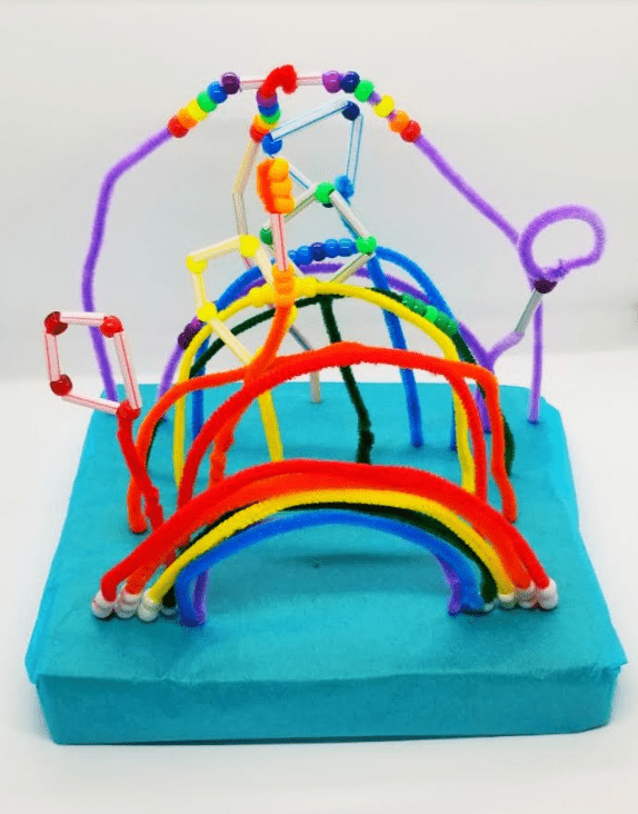 stem for kids shows a creation made from colorful pipe cleaners, beads and straws.