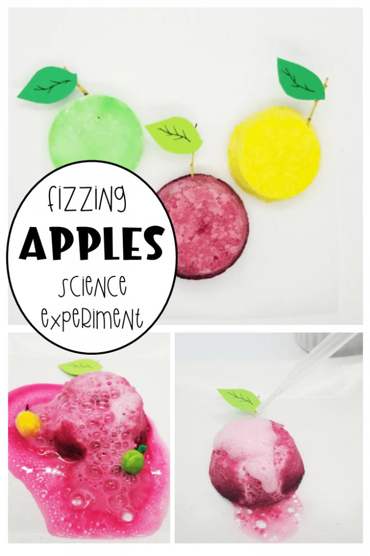 fizzing apple science experiment shows a collage of images for Pinterest.