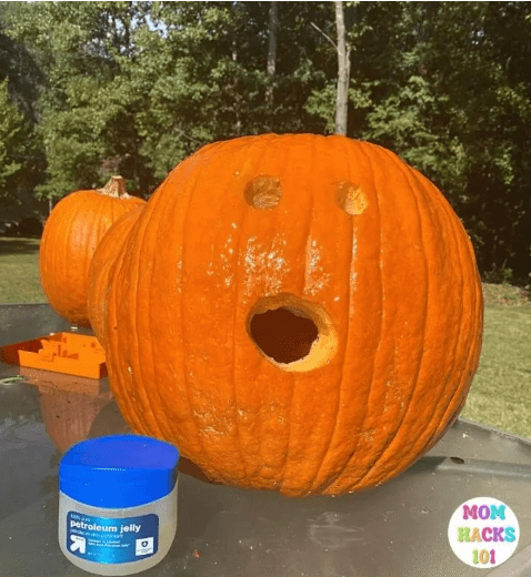 fall stem activities shows a carved pumpkin with petroleum jelly on it.