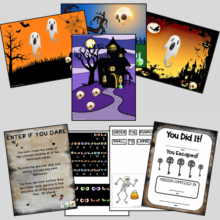 Make a Halloween Escape Room at Home image of all of the printable puzzles.