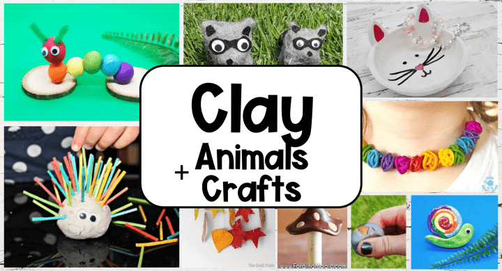 clay animals and clay crafts shows a collage of clay crafts.