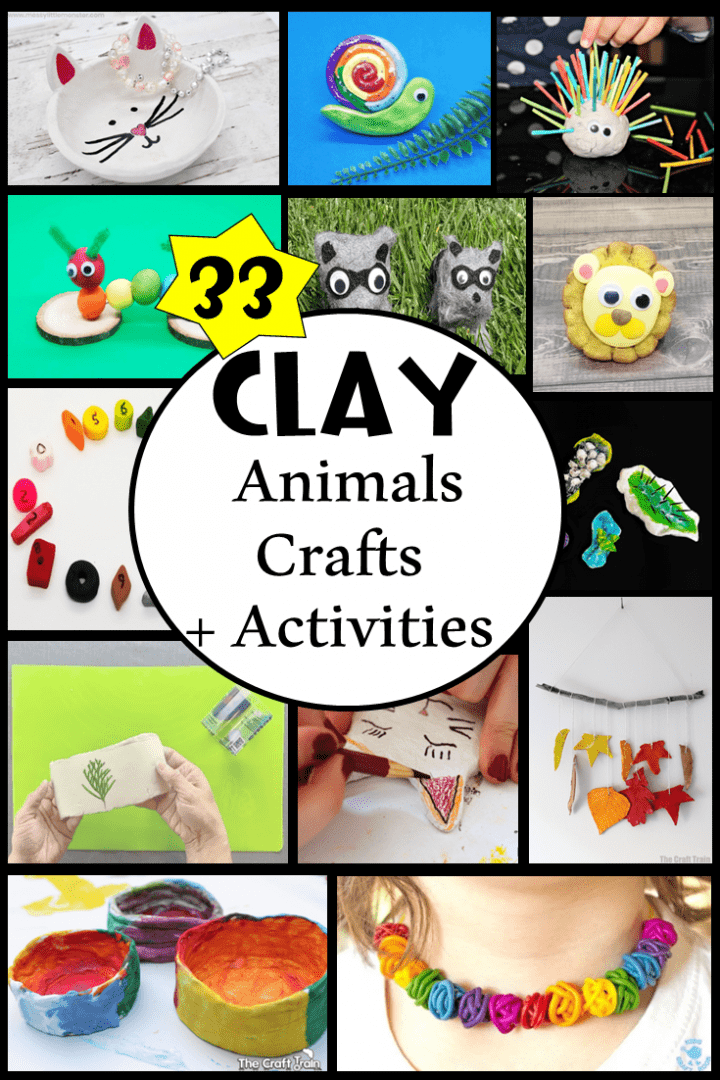 easy clay animals and clay crafts shows a pinterest pin collage.