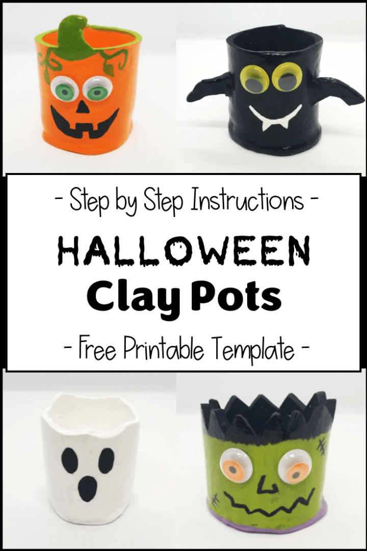 diy halloween clay pots shows a pumpkin, bat, ghost and Frankenstein made from clay.