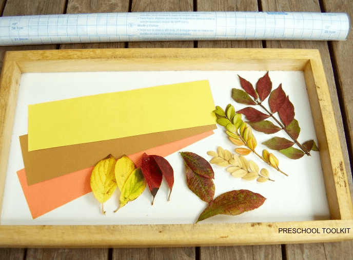 outdoor learning activities shows a board with leaves and paper with all fall colors.
