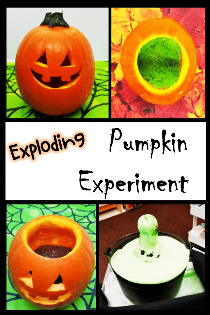 science experiment for kids shows pumpkins with foaming faces and tops.