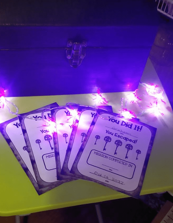 Make a Halloween Escape Room shows completion certificates and a treasure box.