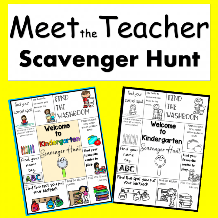 meet the teacher scavenger hunt shows two printable scavenger hunt pages.