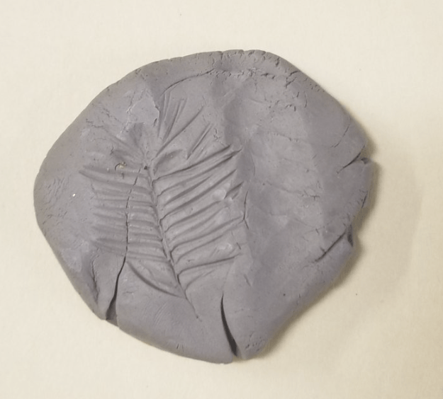 nature art shows a clay circle with a leaf print pushed into it.