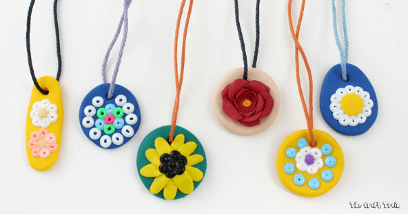 easy clay crafts shows six clay necklaces.