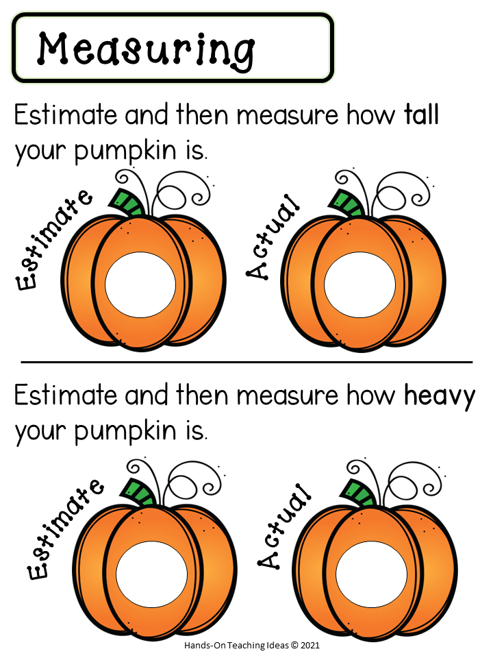 math worksheets for kids shows a sheet with pumpkins for kids to measure and record their findings.