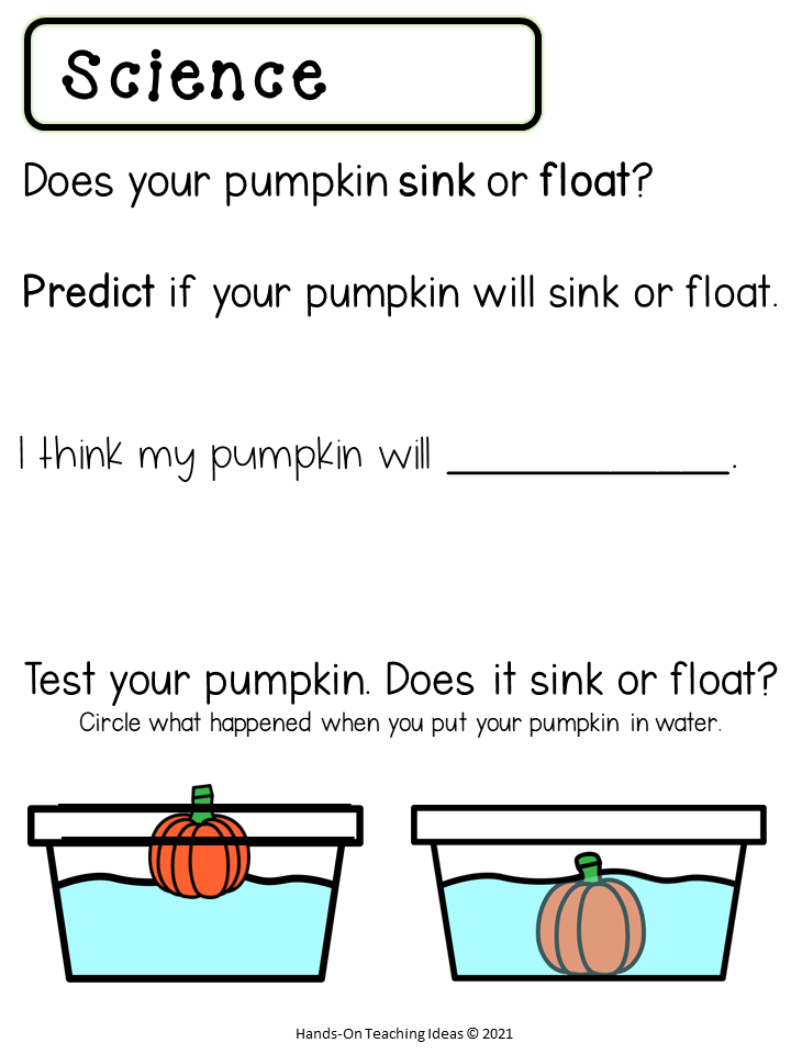 science experiments for kids shows two pictures of one pumpkin sunk in water and one floating.