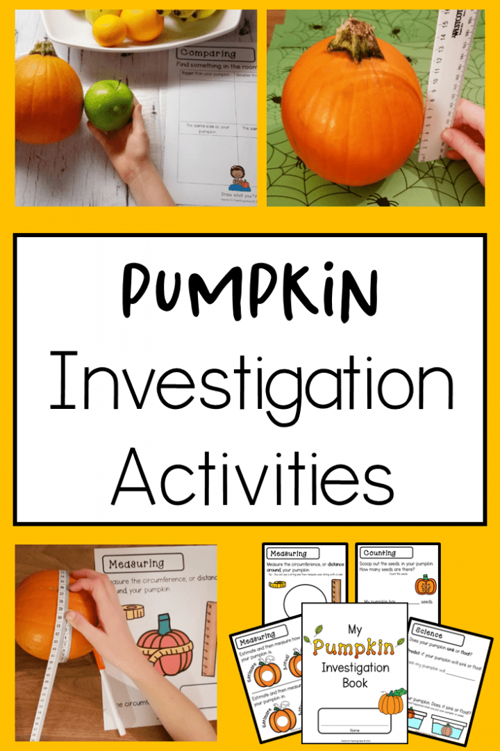 pumpkin investigation activities shows printable worksheets and a pumpkin being measured.