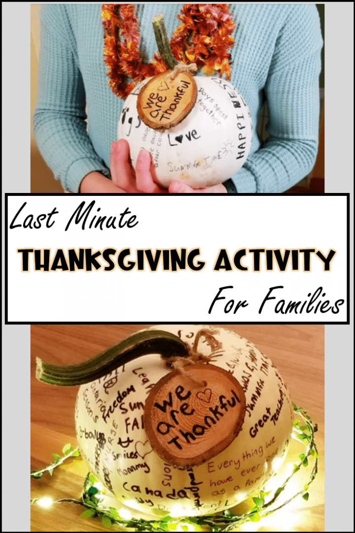 thanksgiving activity for families shows a child holding a pumpkin thats been printed on.