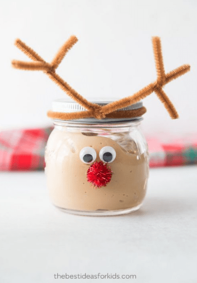 Christmas STEM activities shows brown slime in a jar decorated to look like a reindeer.
