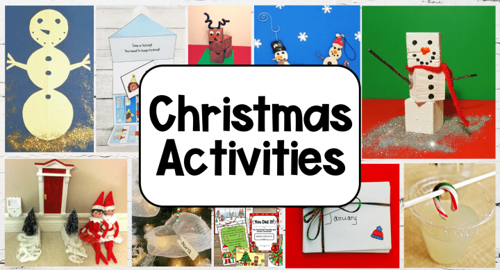 christmas activities for kids shows a collage of christmas activities.