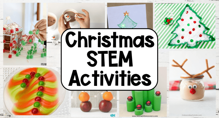 Christmas STEM activities for kids shows a collage of activities with a Christmas theme.