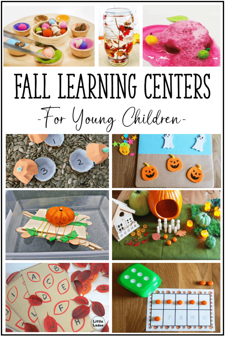 fall learning centers shows table top centers for kindergarten with a fall theme.