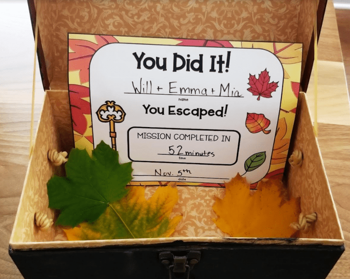 Make Your Own Escape Room for Fall shows a box with leaves and a completion certificate.