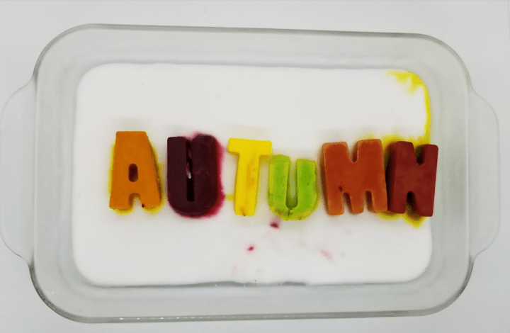 escape room for kids shows baking soda letters that spell autumn.