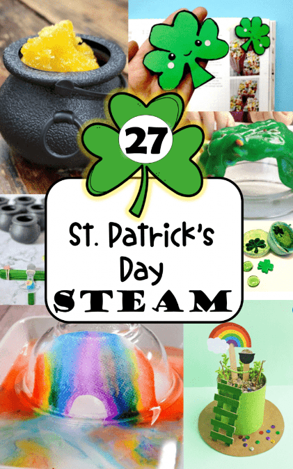 St. Patrick's day stem challenge shows a 27 St. Patrick's day STEM pinterest collage image.