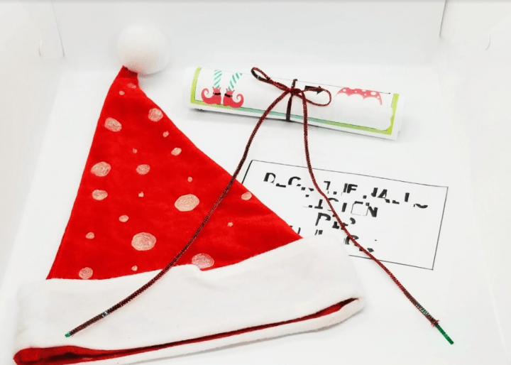 DIY Christmas Escape Room shows a santa hat, puzzle and tied scroll.